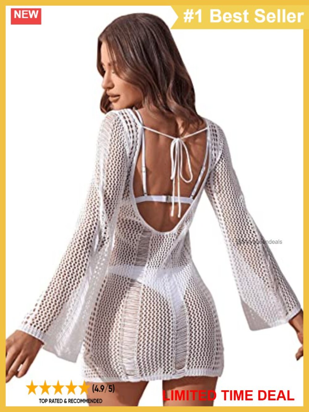 Crochet Hollow Out Long Sleeve Bikini Swimsuit Cover-Up Sheer Mesh Beach Dress